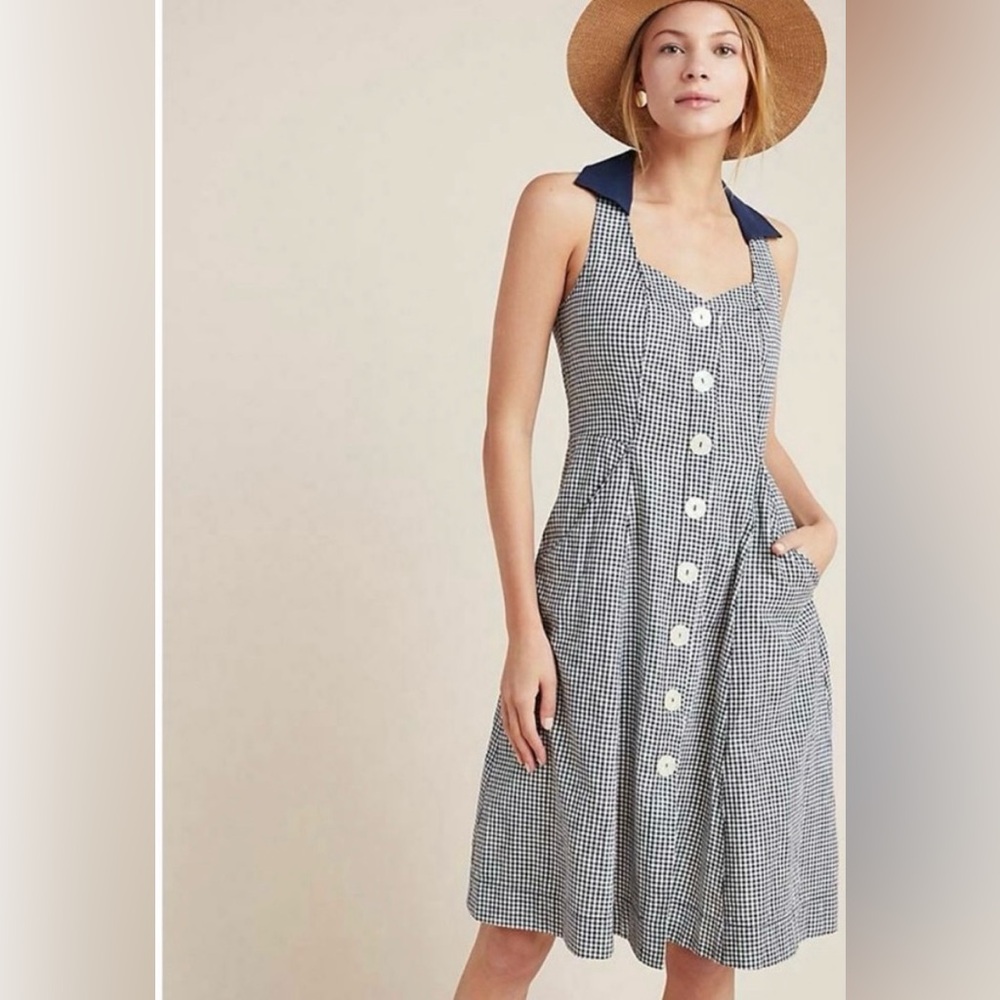 HTF Anthropologie Navy Blue Linen Cotton Gingham Camellia Collared Dress Size 10 - Picture 2 of 13